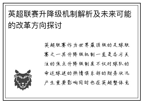 英超联赛升降级机制解析及未来可能的改革方向探讨