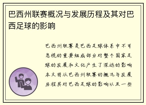巴西州联赛概况与发展历程及其对巴西足球的影响