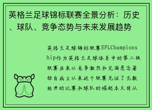 英格兰足球锦标联赛全景分析：历史、球队、竞争态势与未来发展趋势
