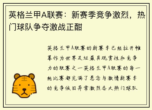 英格兰甲A联赛：新赛季竞争激烈，热门球队争夺激战正酣