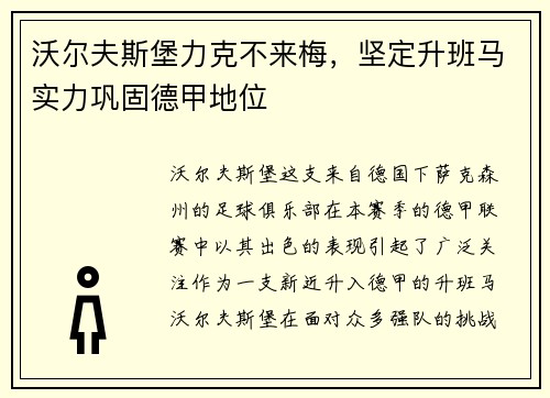 沃尔夫斯堡力克不来梅，坚定升班马实力巩固德甲地位